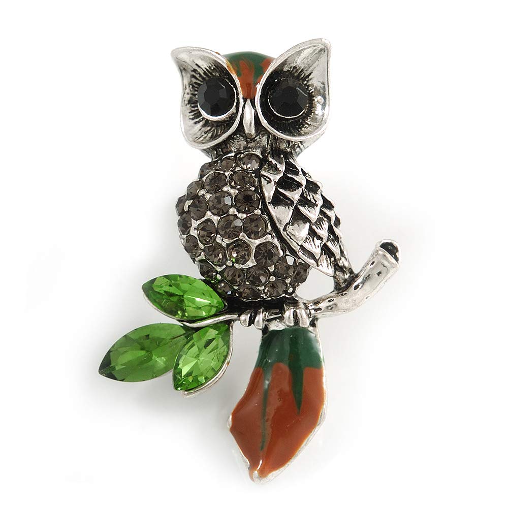 Wise Crystal Owl Brooch In Silver Tone Metal (Grey/Green) - 40mm Long
