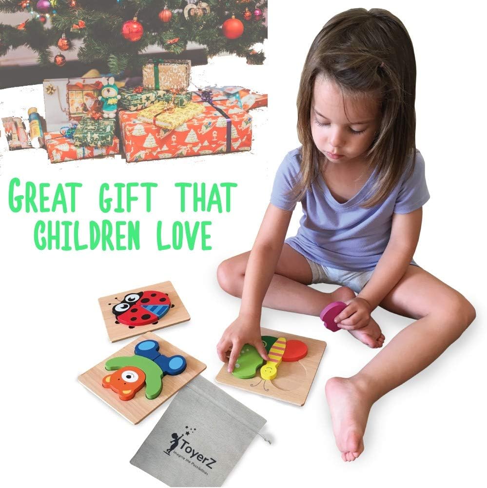 ToyerZ Christmas Edition Wooden Puzzles for Kids age 1-3 Educational Toys 4 Animal Shapes Wooden Jigsaw Puzzles Montessori toys for Toddlers Learning Toys for Toddlers 1-3 Preschool Puzzles: Toys & Games