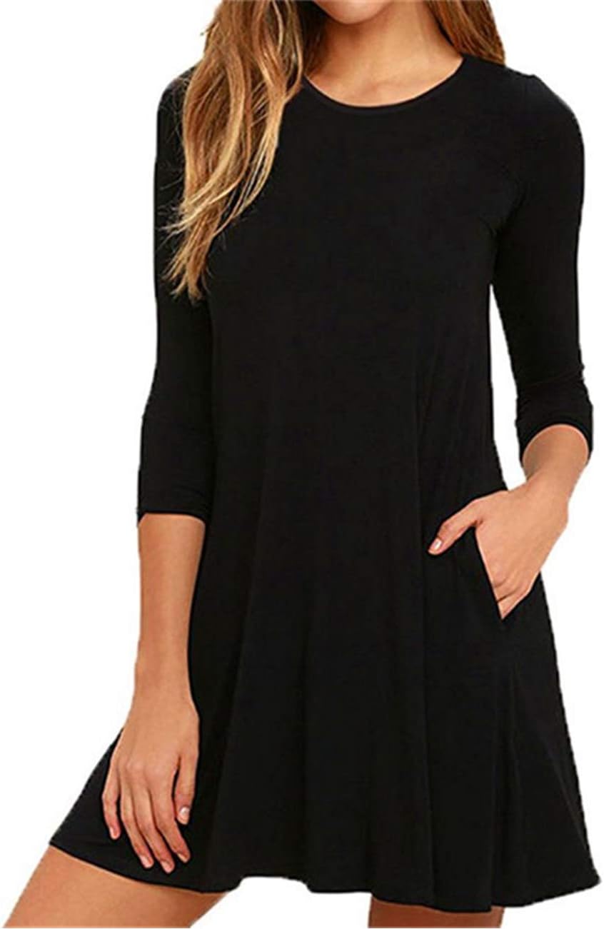 Vilover Women's Long Sleeve Casual Loose T-Shirt Dress (Black, S)