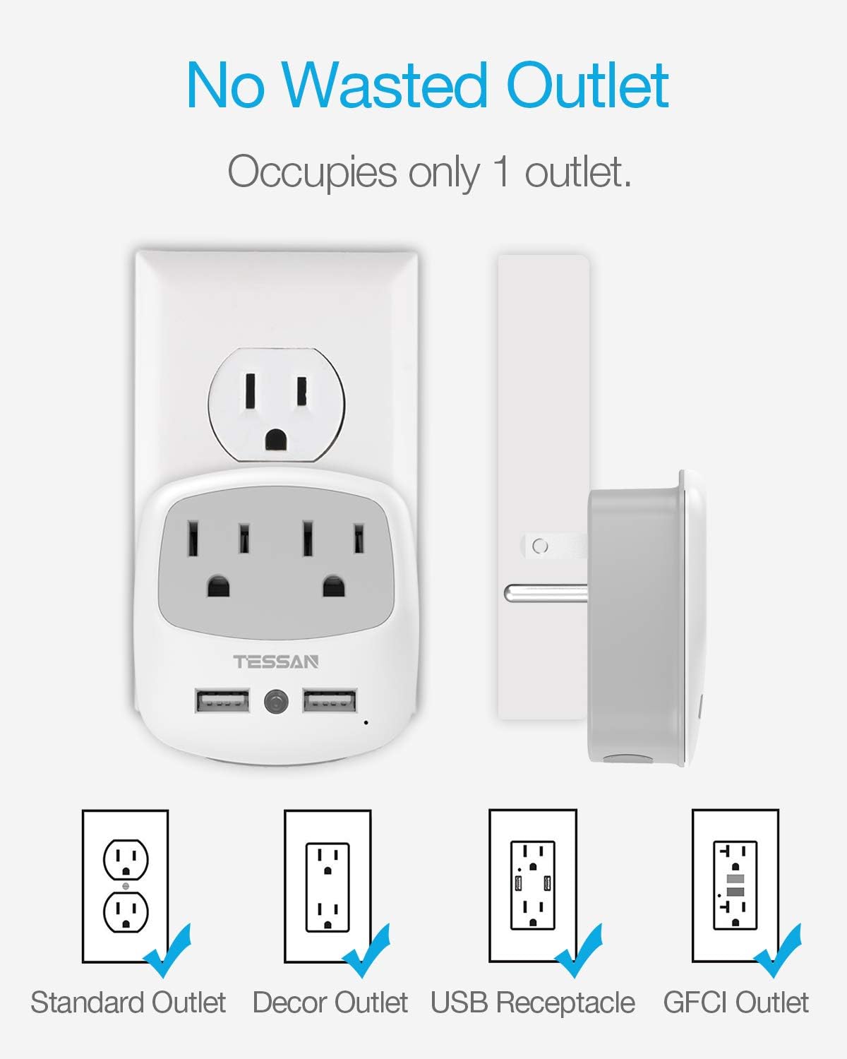 USB Outlet Plug Extender, TESSAN Power Outlet Expander with USB Wall Charger and Night Light Adapter for Travel Cruise Essentials, Mini Phone Charger with Multiple Outlet Splitter - - 