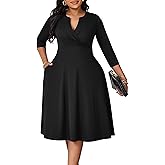 Runwind Women’s Plus Size Midi Dress 3/4 Sleeve Fit and Flare Cocktail Dresses Casual V-Neck Dress with Pockets