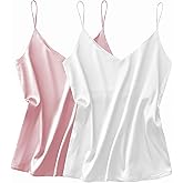Ekouaer Satin Tank Tops for Women Silk Camisole Tops 2 Pack V Neck Spaghetti Strap Blouse Soft Dressy Camisole
