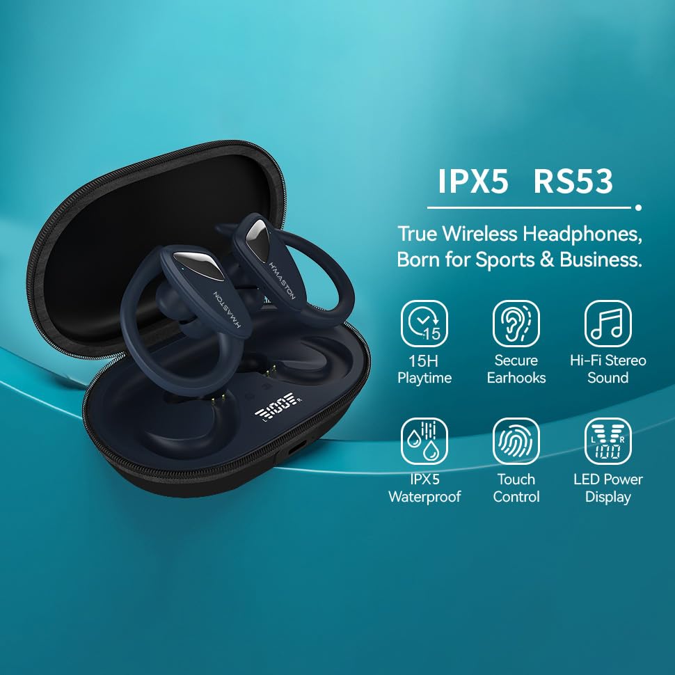 H'MASTON Fone de Ouvido Sem Fio Esportivo Fone BLuetooth 5.3 Tws Cancelamento de Ruído Com Microfone e Led Display Compatível com Sumsung (Retrô-RS-53 UP, Preto)