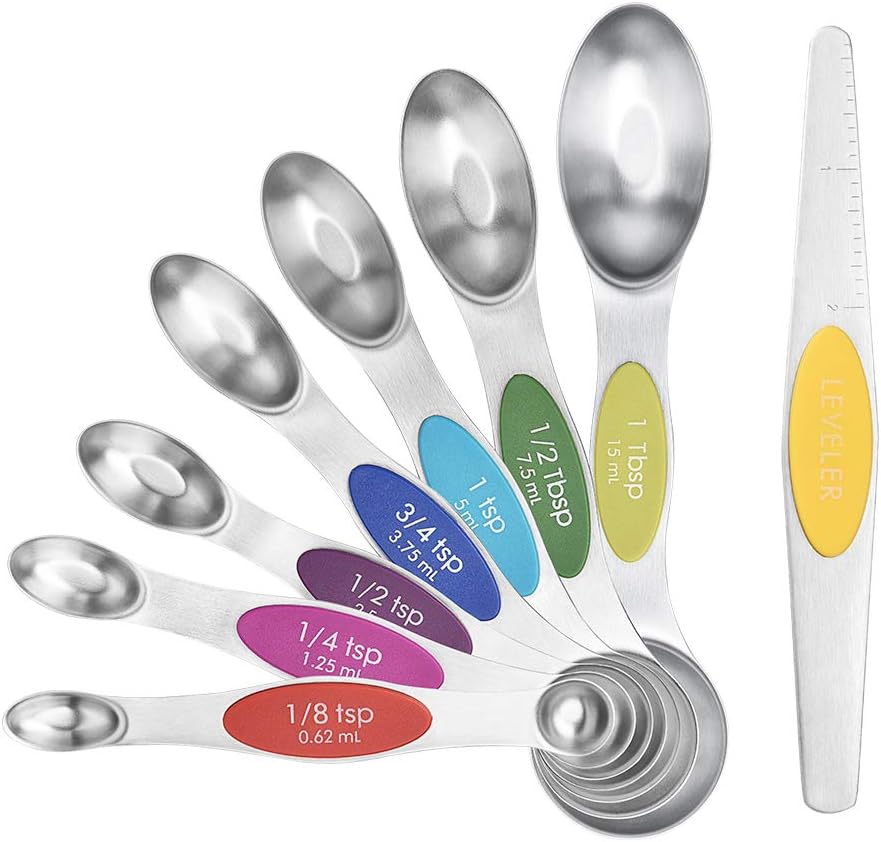 Lanthour Magnetic Measuring Spoons, 8Pcs Stackable Double Sided Measuring Teaspoon Tablespoon for Chef, Housewife, Liquidator, Cake Maker