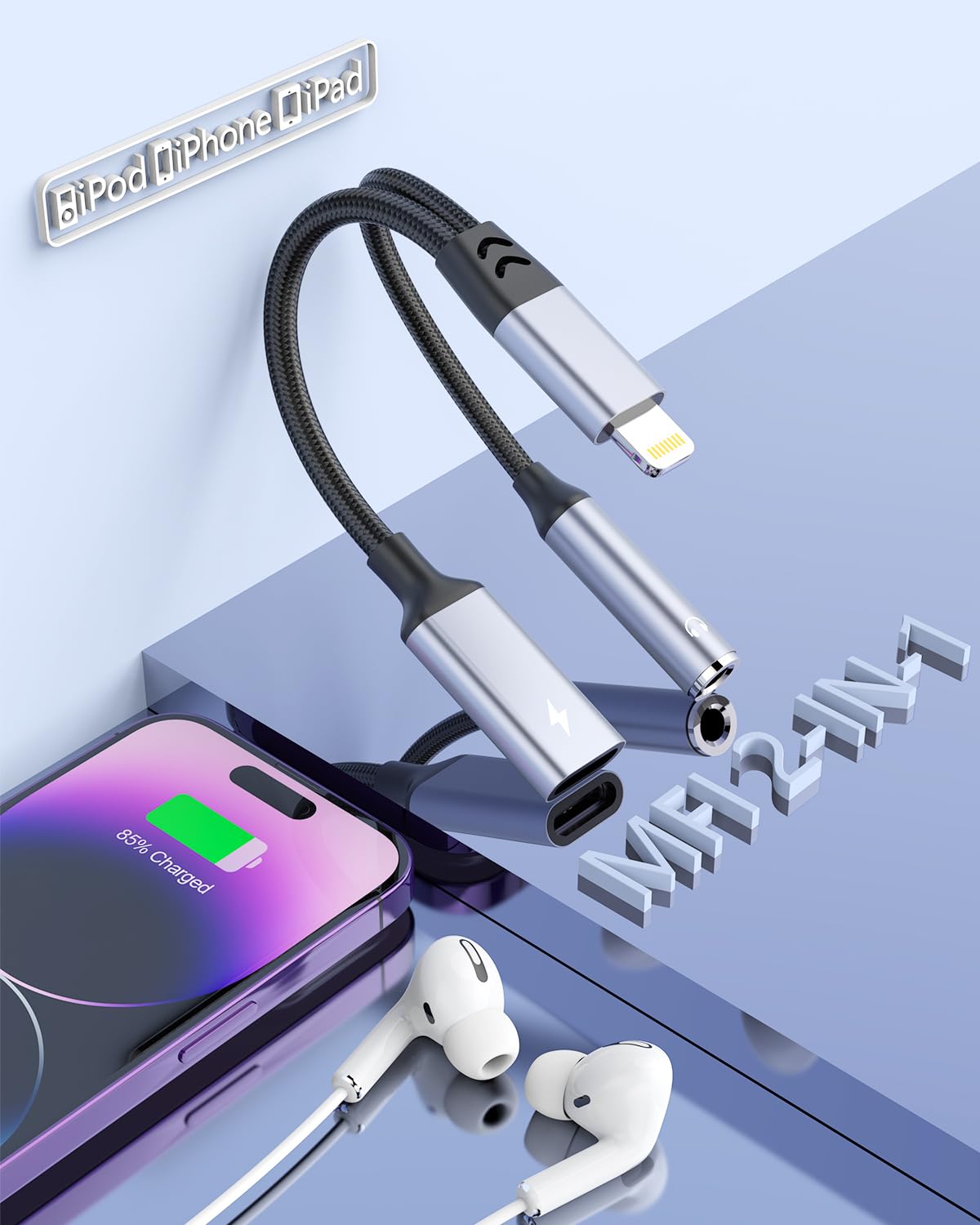 Apple MFi Certified 2-in-1 Headphone and Charger Adapter for iPhone,Lightning to 3.5 mm Headphone Jack Adapter，Converter Dongle Auxiliary Audio Splitter Charging Cable for iPhone 14 13 12 11,ipad