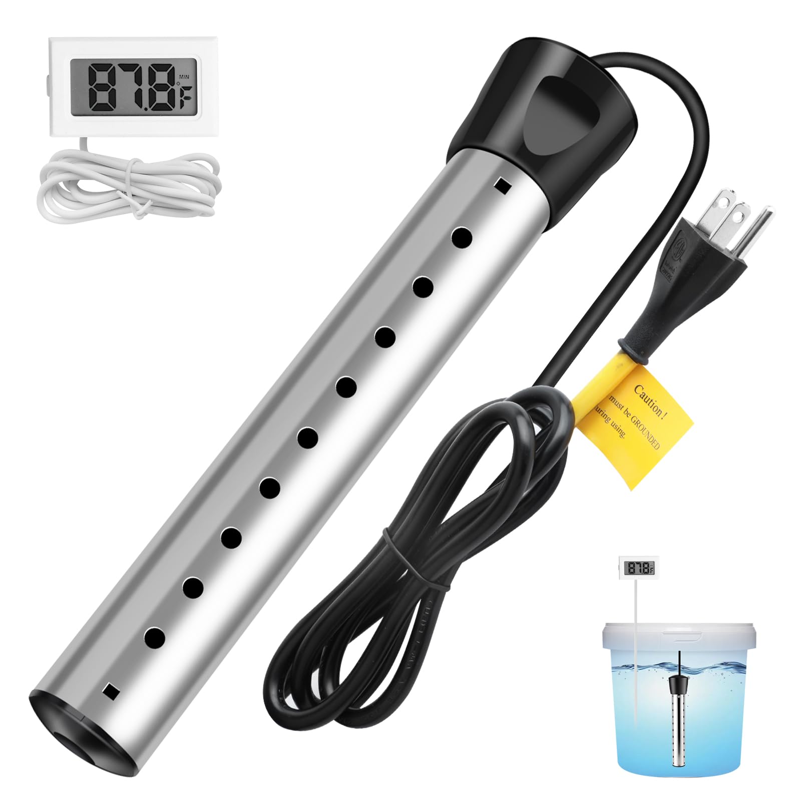 Photo 1 of 2000W Immersion Water Heater Electric,Portable Water Heater with 304 S S Guard and LCD Thermometer, Anti-Scald, Fast Heating in Minutes Suitable for Bathtub and Bucket