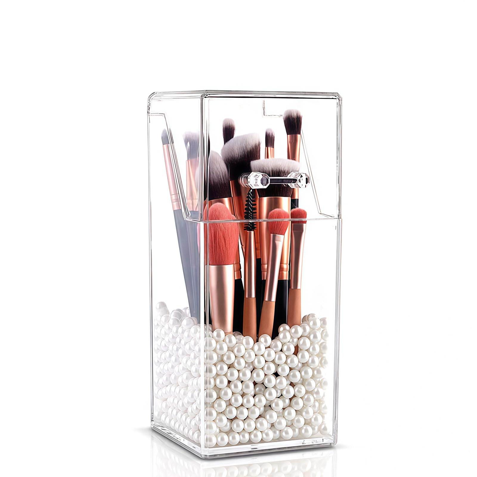 QUUPY Clear Makeup Brushes Holder with Lid Acrylic Makeup Brush Jewellery Organiser Storage Holder Jar for Dresser Bedroom Bathroom（(excluding pearl and cosmetic brush) (UPY28626T)