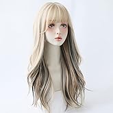 URCGTSA 22 Inches long Wavy Hair Wig for Women Blonde Black Synthetic Hair Natural Curly Wig With Air Bangs Party Cosplay Wig for Girl (Cream with black)