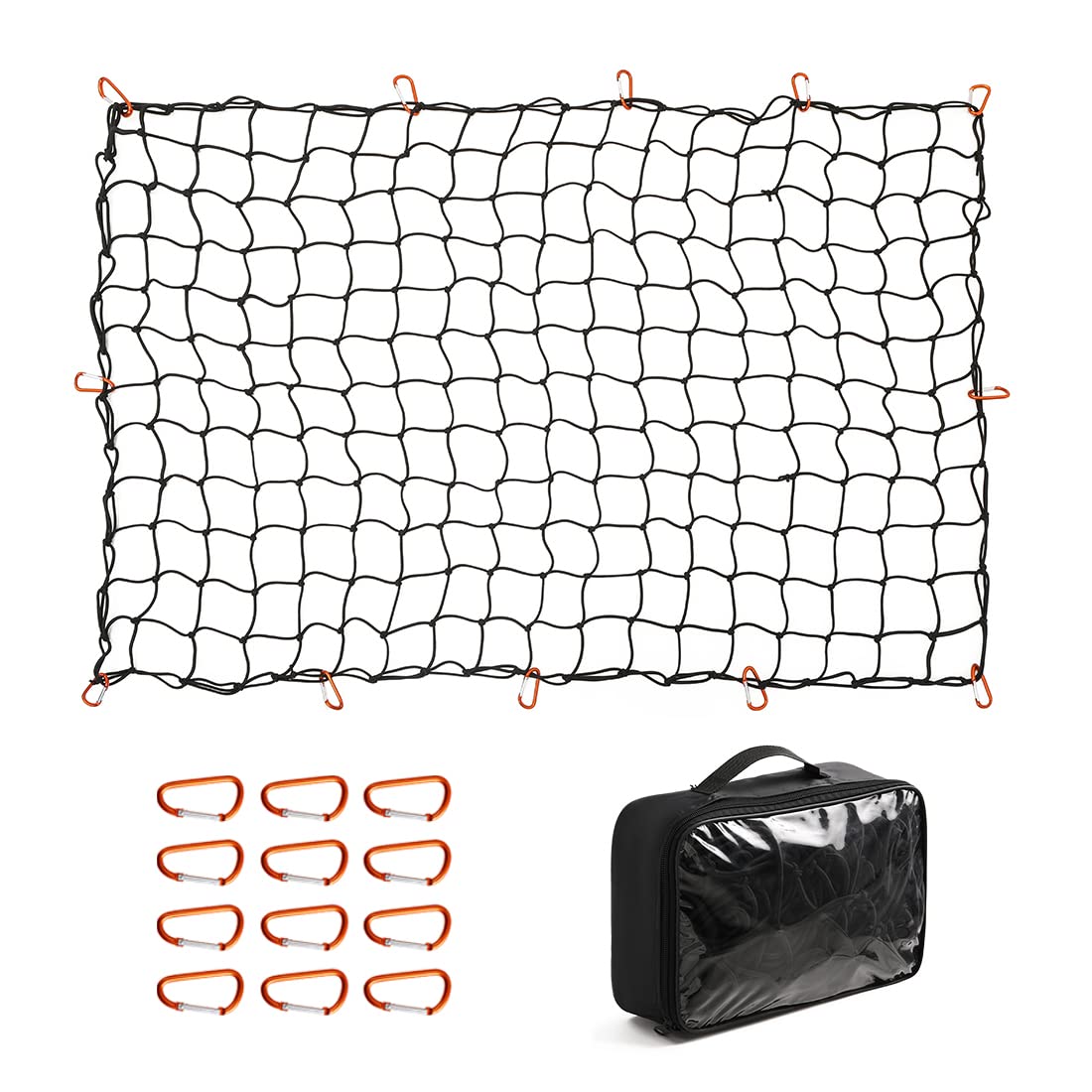 CZC AUTO Bungee Cargo Net 122x183cm Truck Bed Net Stretches to 244x366cm for Pickup Trailer RV SUV Boat | 10cm x 10cm Mesh Net Hold Small and Large |12 Tangle Free Carabiners | Super Duty