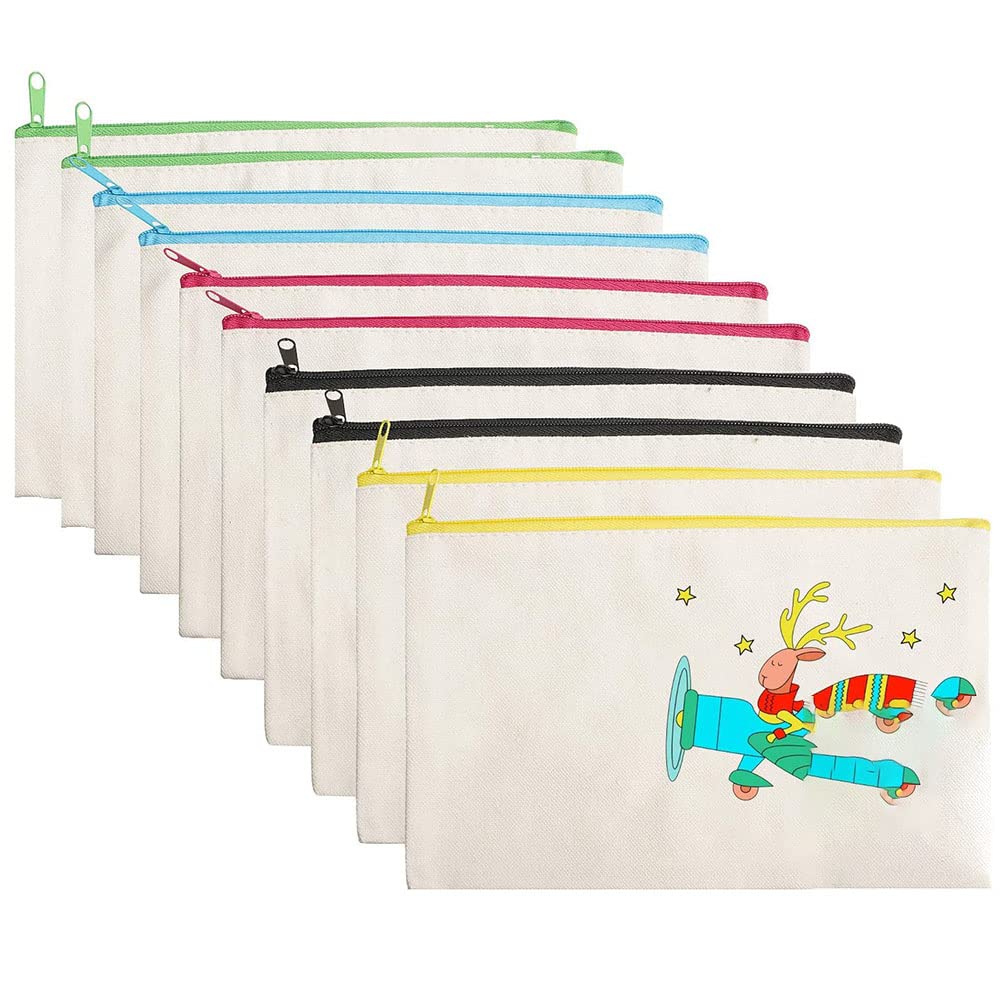 MDDZ 10 Pieces Fabric Pencil Case, DIY Blank Zipper Bag, Blank Canvas Makeup Bags, Portable Canvas Makeup Bags for Storage, Painting, Cosmetics, Learning Utensils, Small Objects, White, 21 x 12 cm