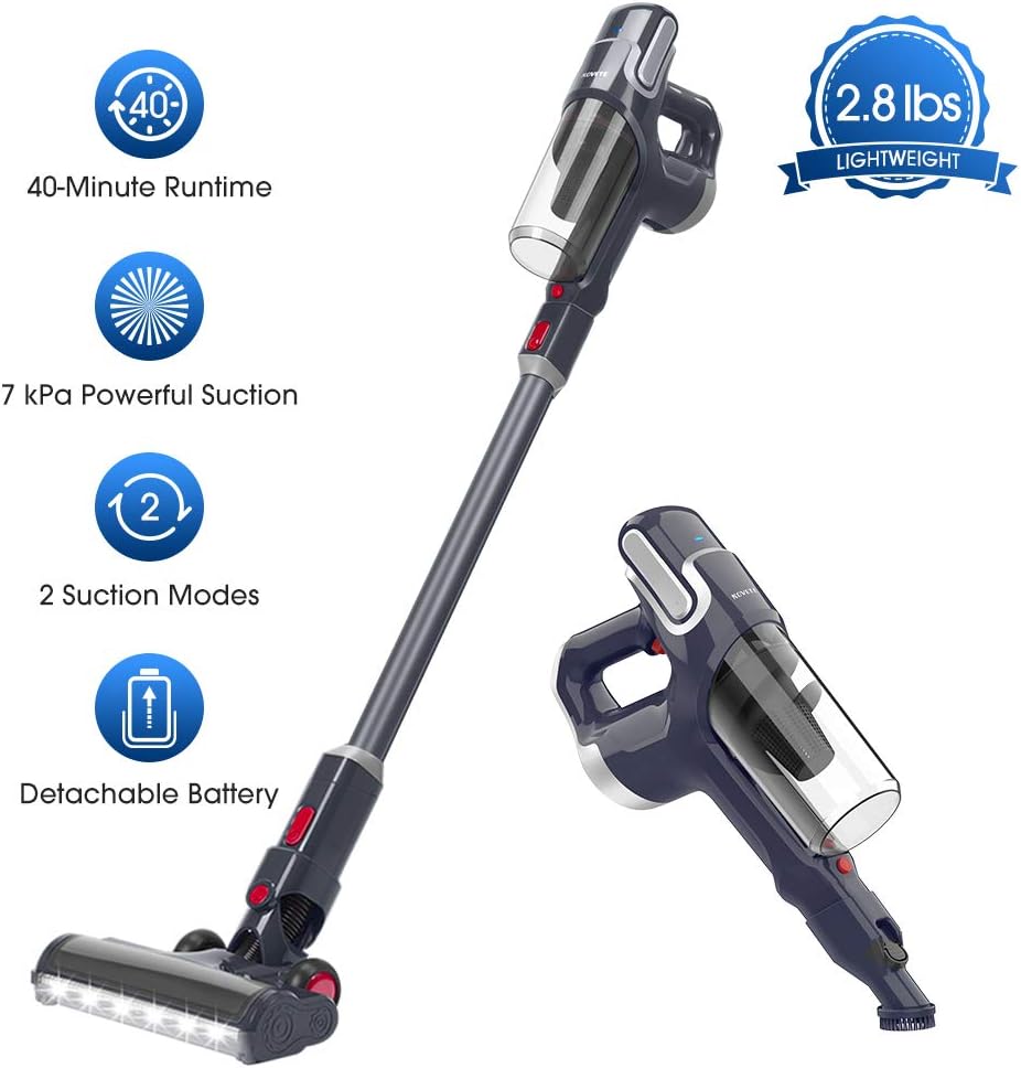 Cordless Vacuum, NOVETE Stick Vacuum Cleaner, Rechargeable & Replaceable Lithium-ion Battery, Powerful Lightweight Handheld Vacuum with Wall Mount & Attachment Nozzles Storage, ETL-Listed