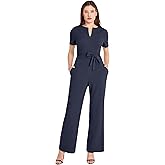 Donna Morgan womens Short Sleeve Notch Neck Jumpsuit With Waist Tie | Jumpsuits for Women Dressy