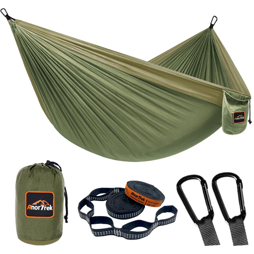 AnorTrek Camping Hammock, Super Lightweight Portable Parachute Hammock with Two Tree Straps Single or Double Nylon Travel Tree Hammocks for Camping Backpacking Hiking Army Green&khaki