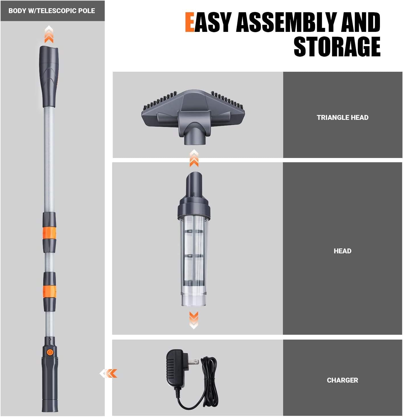 Run mAh, 2200 Handle, Telescopic with Vacuum Pool Handheld Rechargeable