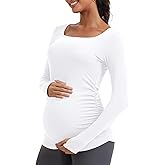 MathCat Maternity Long Sleeve Shirt with Thumbleholes, Maternity Tops Squar Neck Side Ruched Pregnancy Yoga Casual Tee