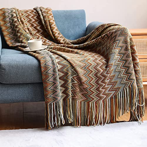 Arabest Bohemian Throw Blankets, Soft Cozy Lightweight Knitted Throw Blankets with Tassels, Fall Throw Blanket for Couch Decorative Throw Blankets, Bed, Sofa, All Seasons (127x152cm, yellow)