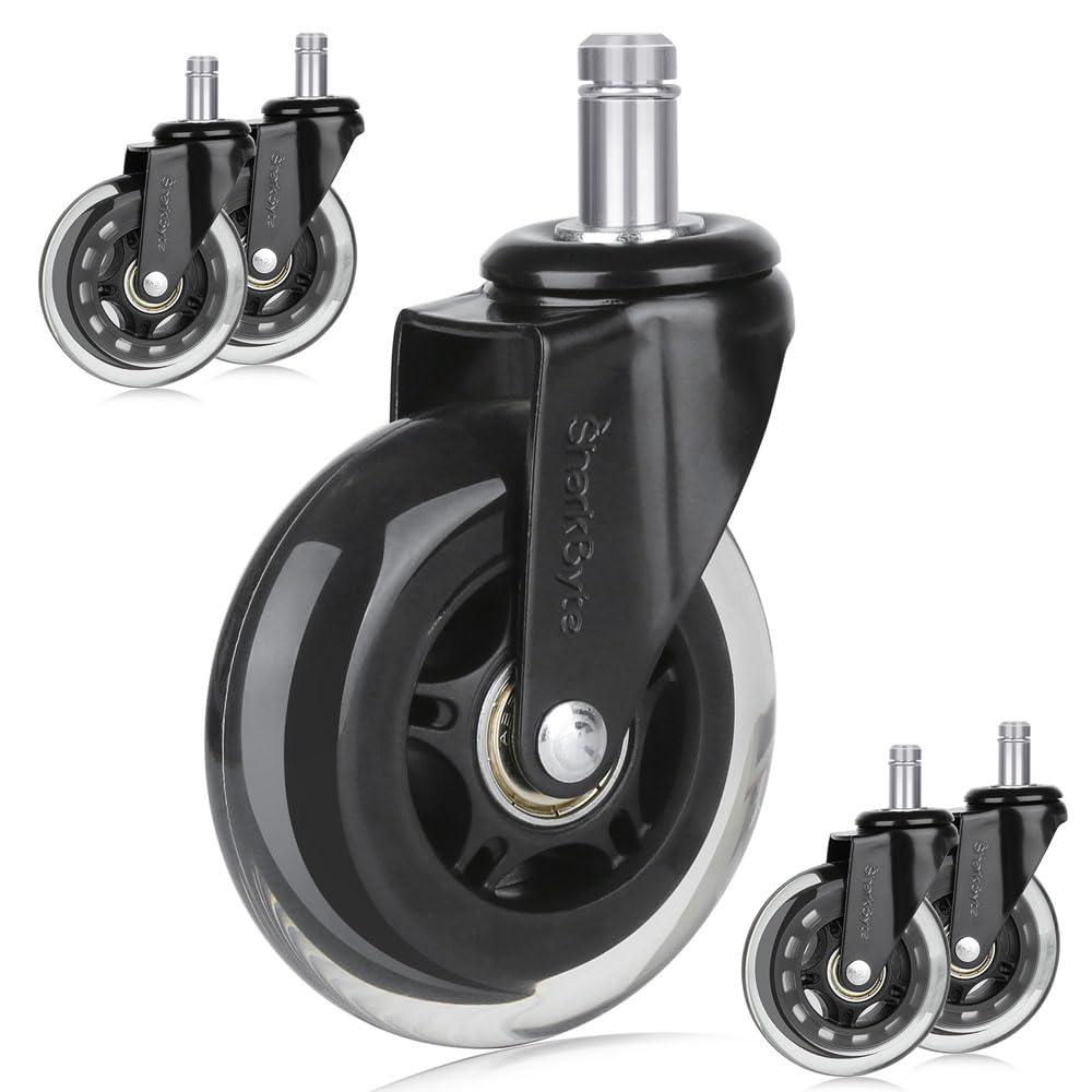 SharkByte Office Chair Wheels 10mm Stem Rubber Swivel Chair casters for ALL Floors Including Hardwood Floors, Heavy Duty Rollerblade Castors, Floor Protecting Castors Compatible with IKEA Office Chair