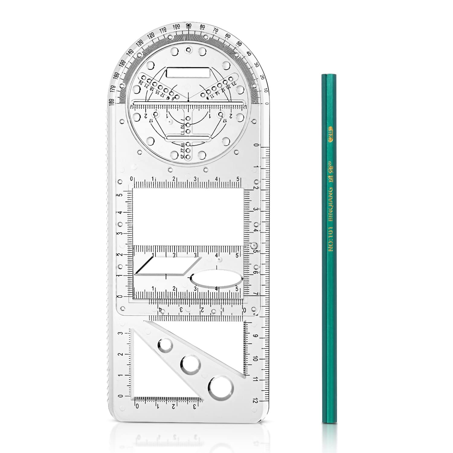 Vicloon Multifunctional Geometric Ruler, Drawing Template Measuring Tool Plastic Measuring Draft Rulers with Movable Protractor and Small Ruler Free Pencil School Office Supplies(Triangle Style)
