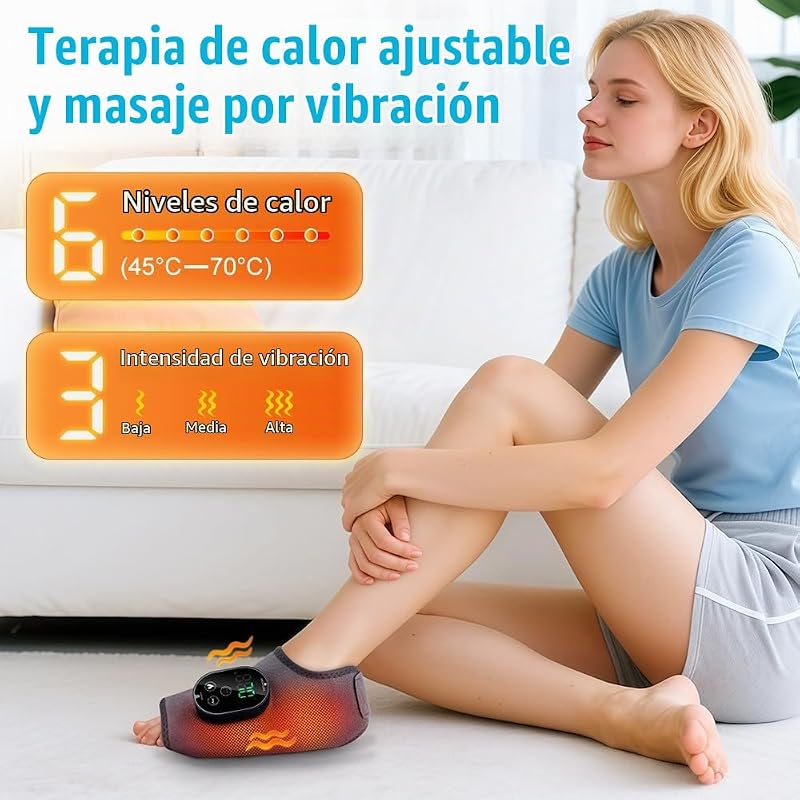 Masajeador de Pies Eléctrico 3 en 1 Inalámbrico, 3 Modos, 6 Niveles de Calor Ajustable, Temporizador de 3 Tiempos, Incluye Banda de Extensión, para Tobillo, Talón, Planta y Empeine