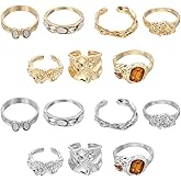 MECCANIXITY Chunky Gold Rings Set for Women Adjustable Gemstone Stackable Ring Open Vintage Statement Stacking Jewelry, Pack of 14, Golden Tone/Silver Tone