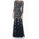 Adrianna Papell Women's Long Sleeve Bead Dress | Floor Length Formal Gown with Intricate Beading & 3/4 Length Sleeves