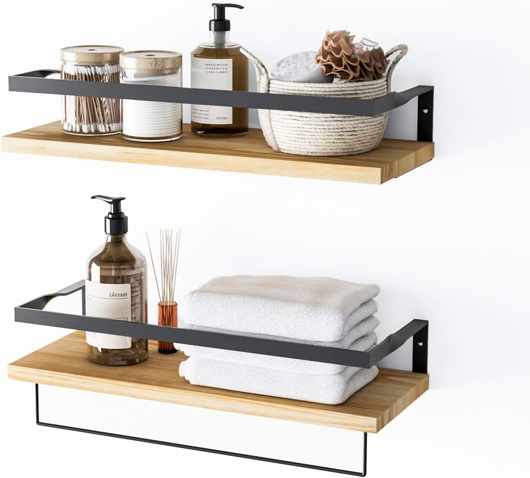 COZY OF ORIGINAL 16" Wall Mounted Floating Shelves Set of 2, Solid Wood Rustic Shelves with Removable Towel Bar, for Bathroom, Kitchen, Living Room
