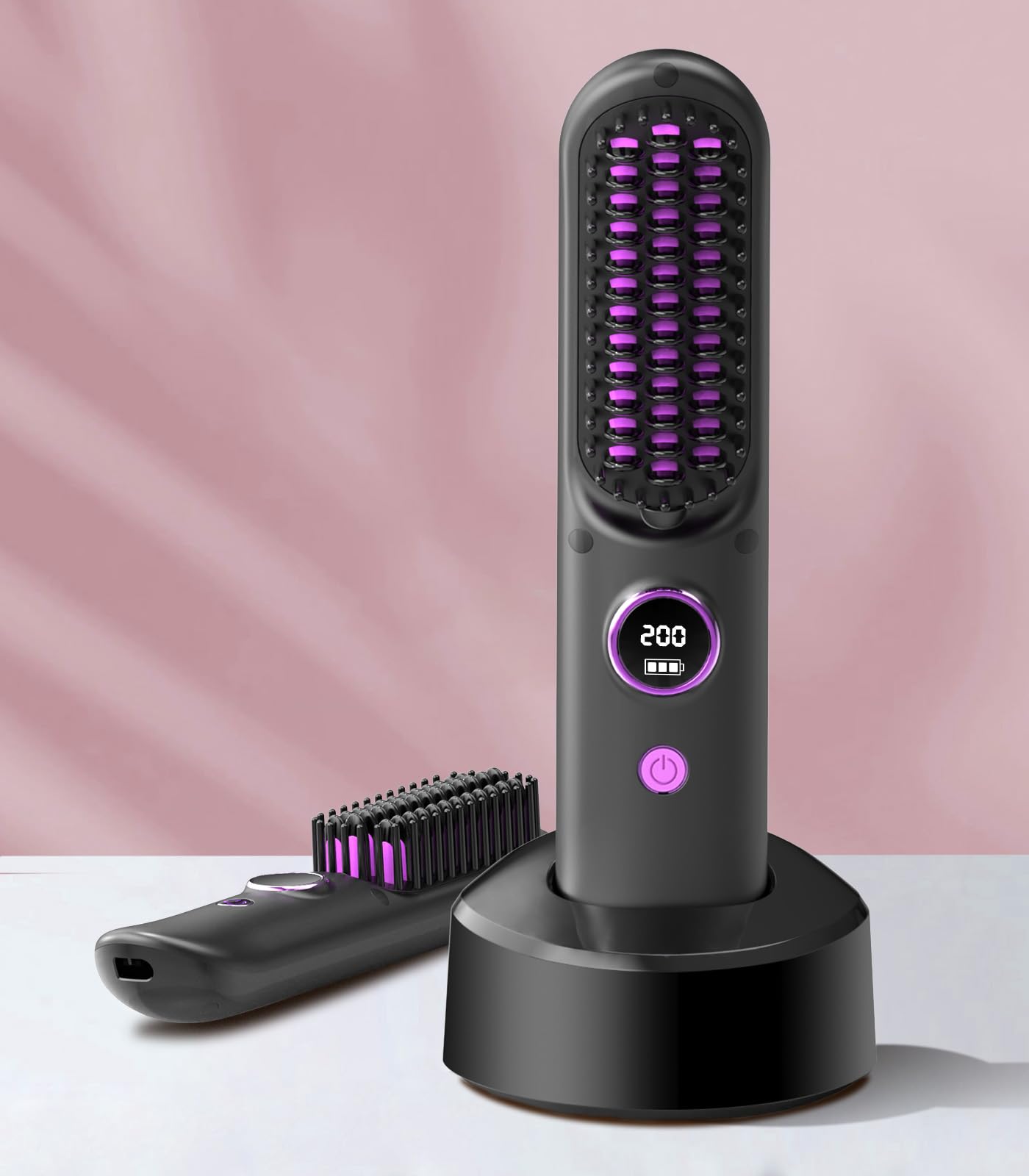 Cordless Hair Straighteners Brush for Women, 8400mAh ON-THE- GO Hot Brush Straightener for Travel, Rechargeable Heated Straightening Brushes with Exclusive Charging Dock, Anti-frizz