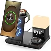 Wireless Charger for Samsung/Android,6 in 1 Alarm Clock Charging Station for Bedrooms with Bedside Clock Night Light for Samsung S25/S24/S23 Ultra/Buds,Watch Charger only for Galaxy Watch 8/7/6-Black