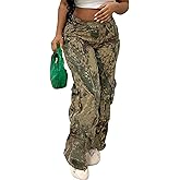 Famnbro Camo Pants Women Mid Waist Straight Leg Baggy Camouflage Cargo Pants Streetwear Trousers