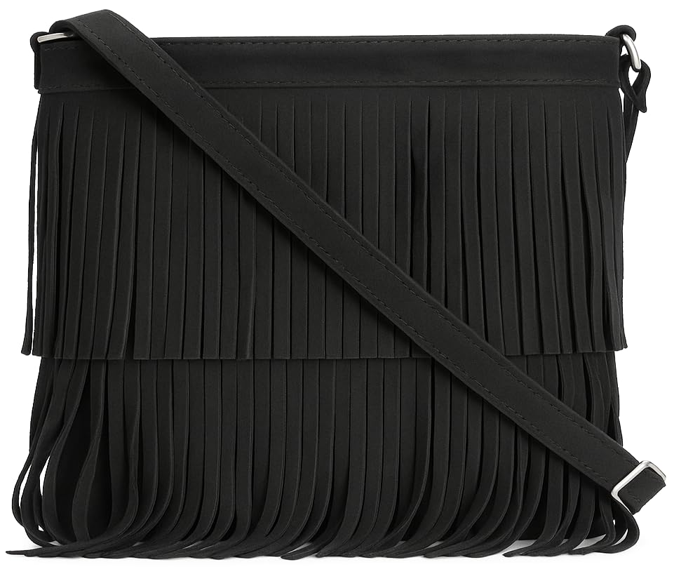 LiaTalia Womens Fringe Handbag - Real Italian Suede Leather - Tassle Effect Shoulder Bag in Medium Size - Ashley [Black]