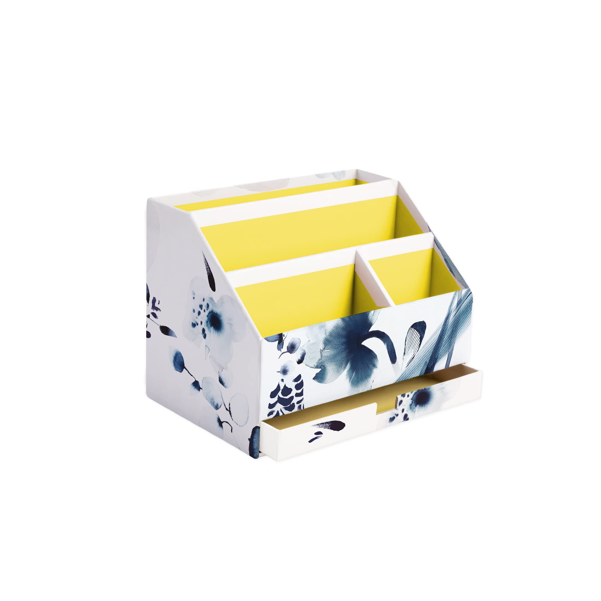 Clairefontaine 115938C - Cardboard letter tray with drawer 24x16x18cm - Floral painted with blue ink - Satin finish paper - Home Office - Inkebana Collection