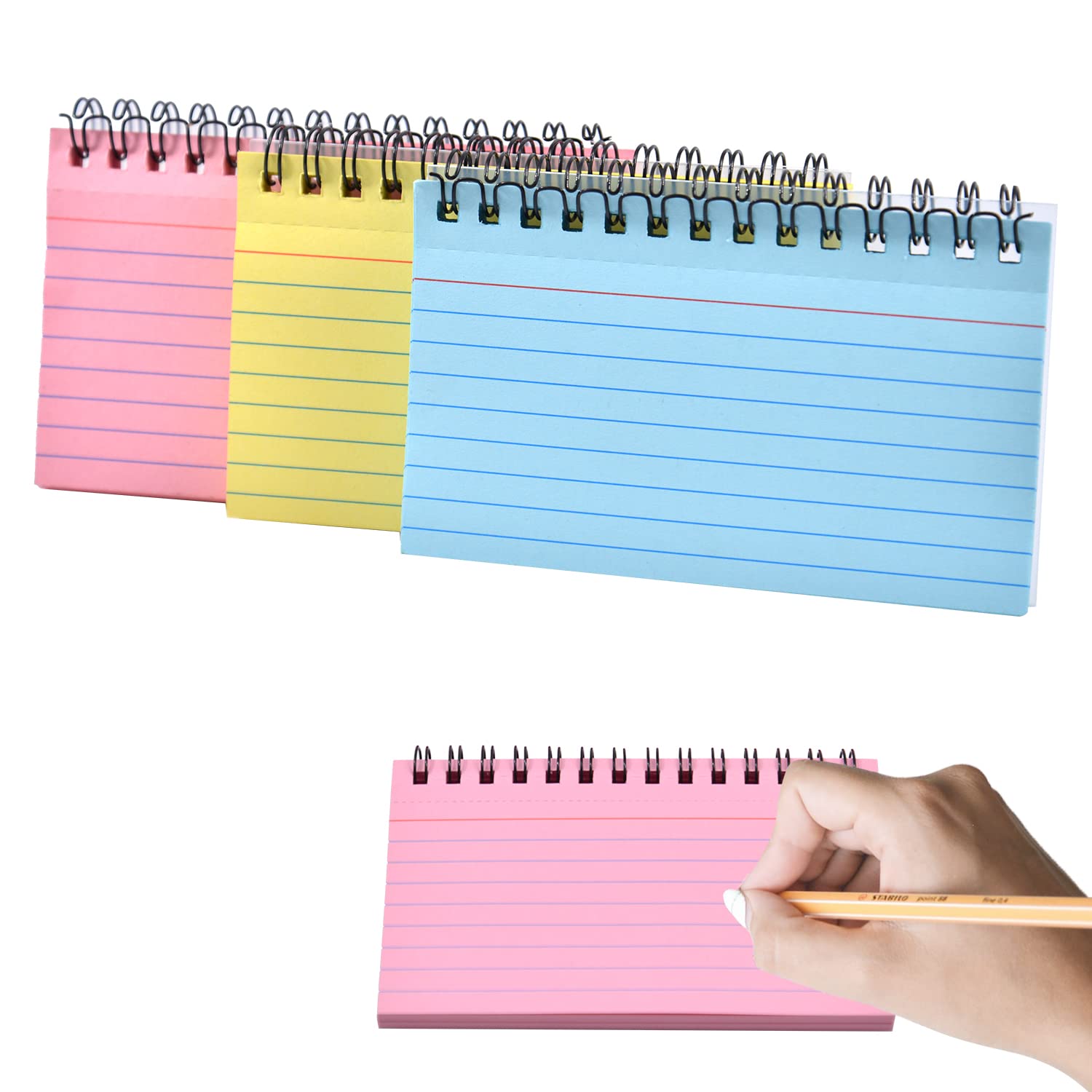 3 Pack Index Cards, 150 Sheets Flash Cards Lined Revision Cards Easy Flip Record Cards Cue Cards for Office Meeting, School Learning, Memory, Sticky Note (Blue, Pink and Yellow)…