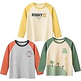 VZF Toddler Boys Color Block Long Sleeve Shirts 3-Pack Cotton Dinosaur&Car Print Boy's T-Shirts Spring/Fall for 18M-9Y