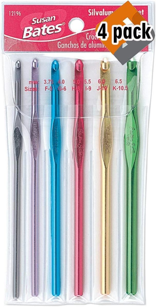 Susan Bates Silvalume Crochet Hook Set in Pouch Sizes F, G, H, I, J, K - 4 Pack