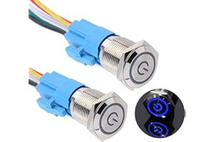 DMWD 2PCS 16mm Latching Push Button Switch 12V-24V On/Off 1NO 1NC Self-Locking Metal Silver Shell with Socket for 5/8" Mounting Hole Waterproof IP66 Power Symbol (Blue Led)