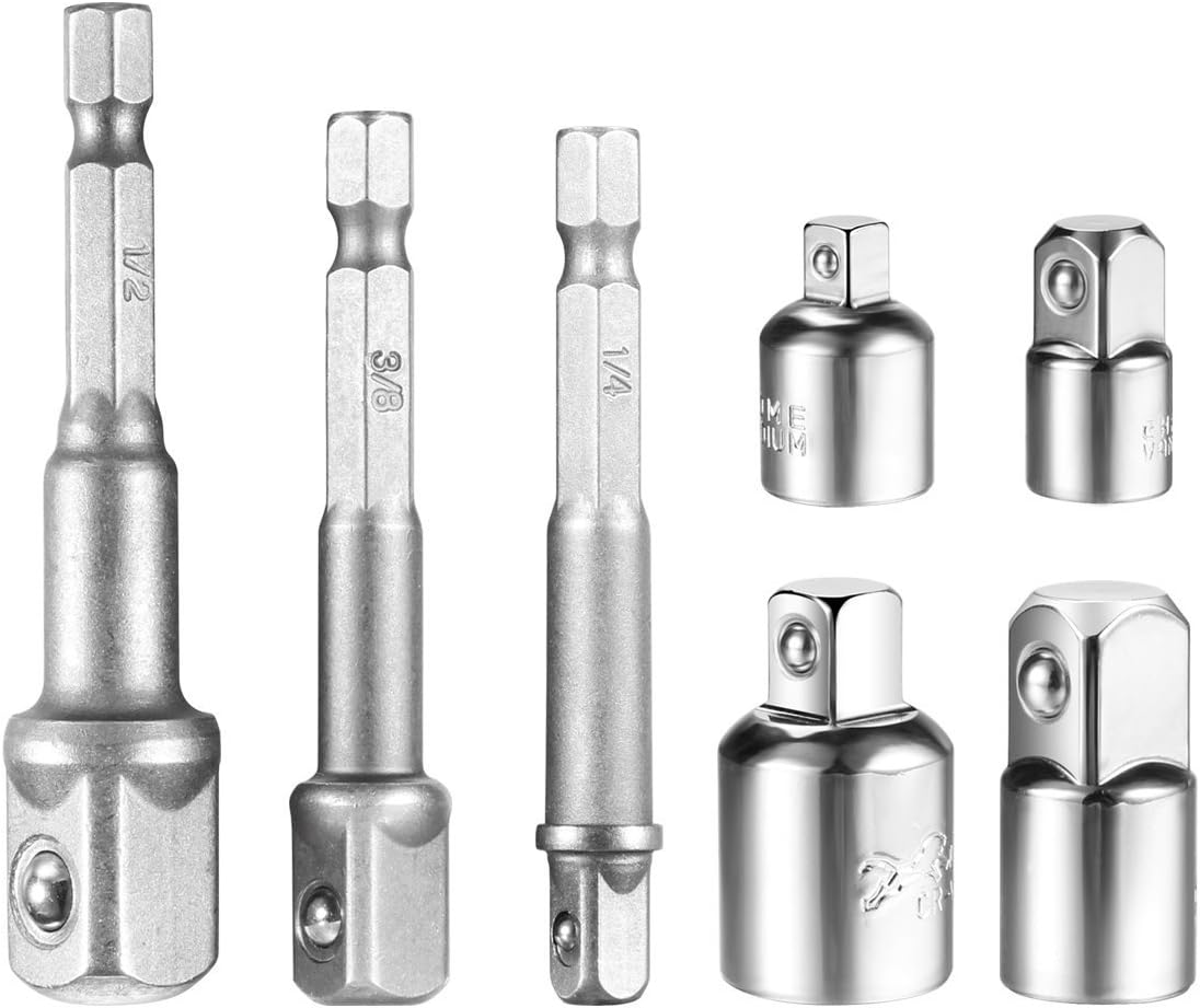 Hand Tools Sockets Adapter sets,4Pcs Socket Adapter and Reducer Set + 3Pcs Power Hexagonal Shank Extension Bit Set Drill 1/4", 3/8",1/2" Sleeve Wind Batch Electric Connection Switching Lever Set