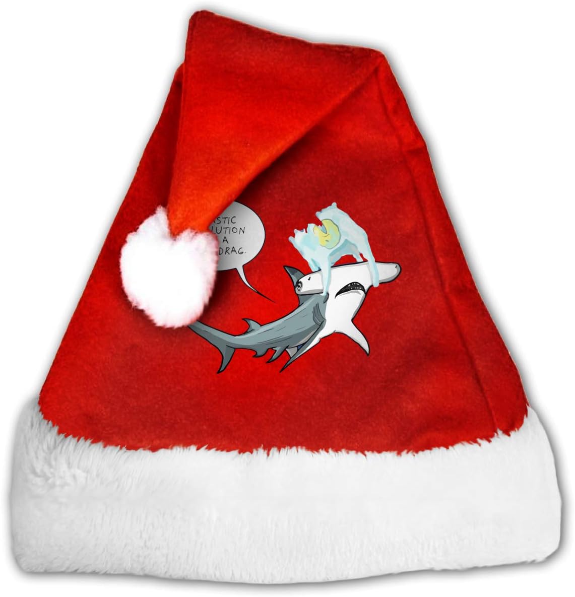 Hammerhead Shark Plastic Bag Drag Christmas Santa Hat for Adults, Traditional Red and White Plush Velvet Party Hat