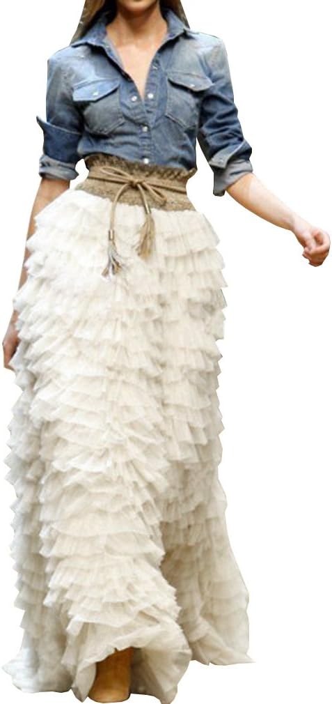 Women's Maxi Floor Length Bridal Tulle Pleated Layered Ruffles Skirt