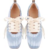 Yolkomo Women&rsquo;s Lace-Up Ballet Flats Square Toe Ballerina Flats with Ribbon Laces Casual Fashion Dressy Ballet Sneakers