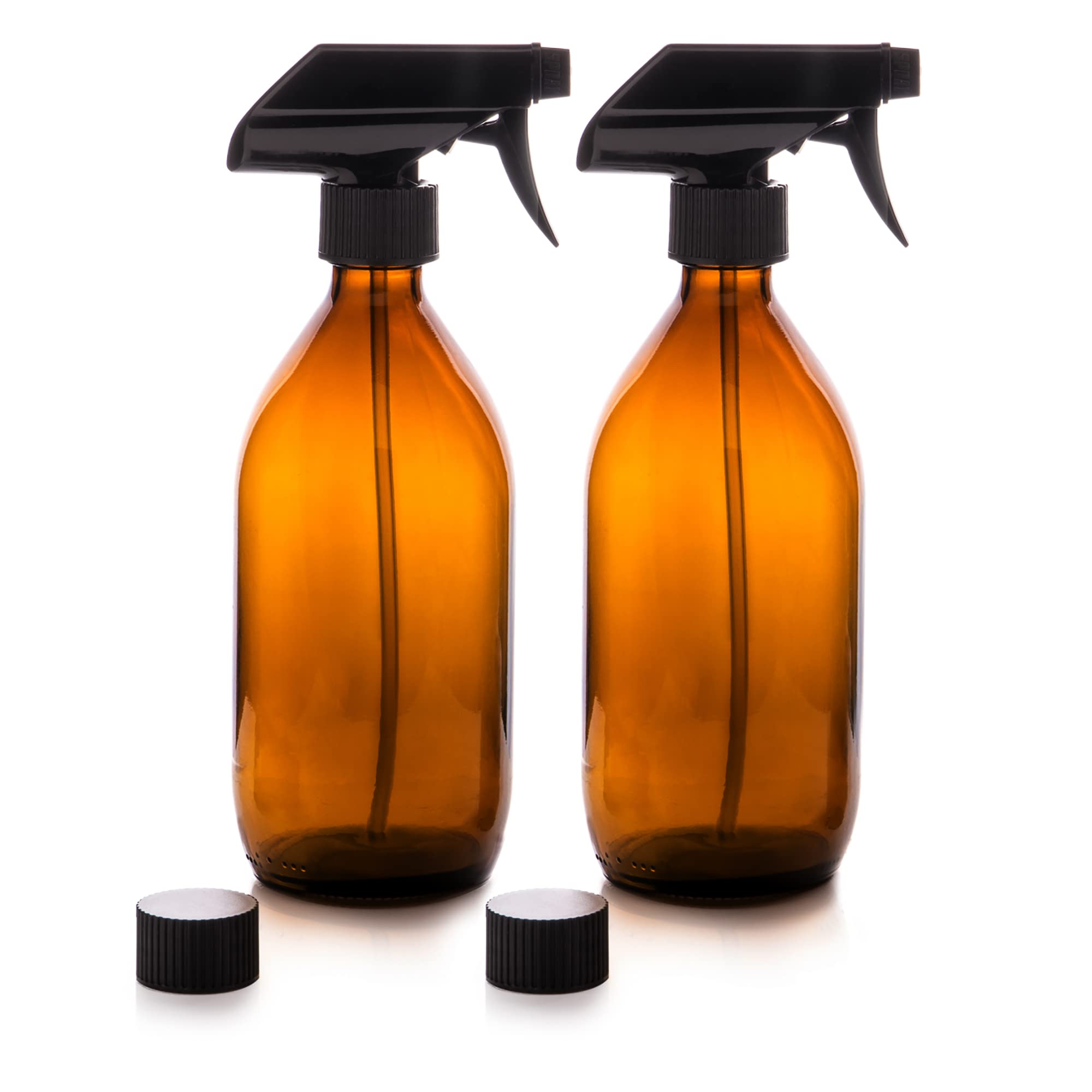 Nutra4Radiance Amber Glass Spray Bottles with Trigger Pump – 2 Pack 500mL & 2 Caps. BPA-free, Reusable, for DIY Products, Cleaning, Essential Oil, Spray Plants, Hair Care.