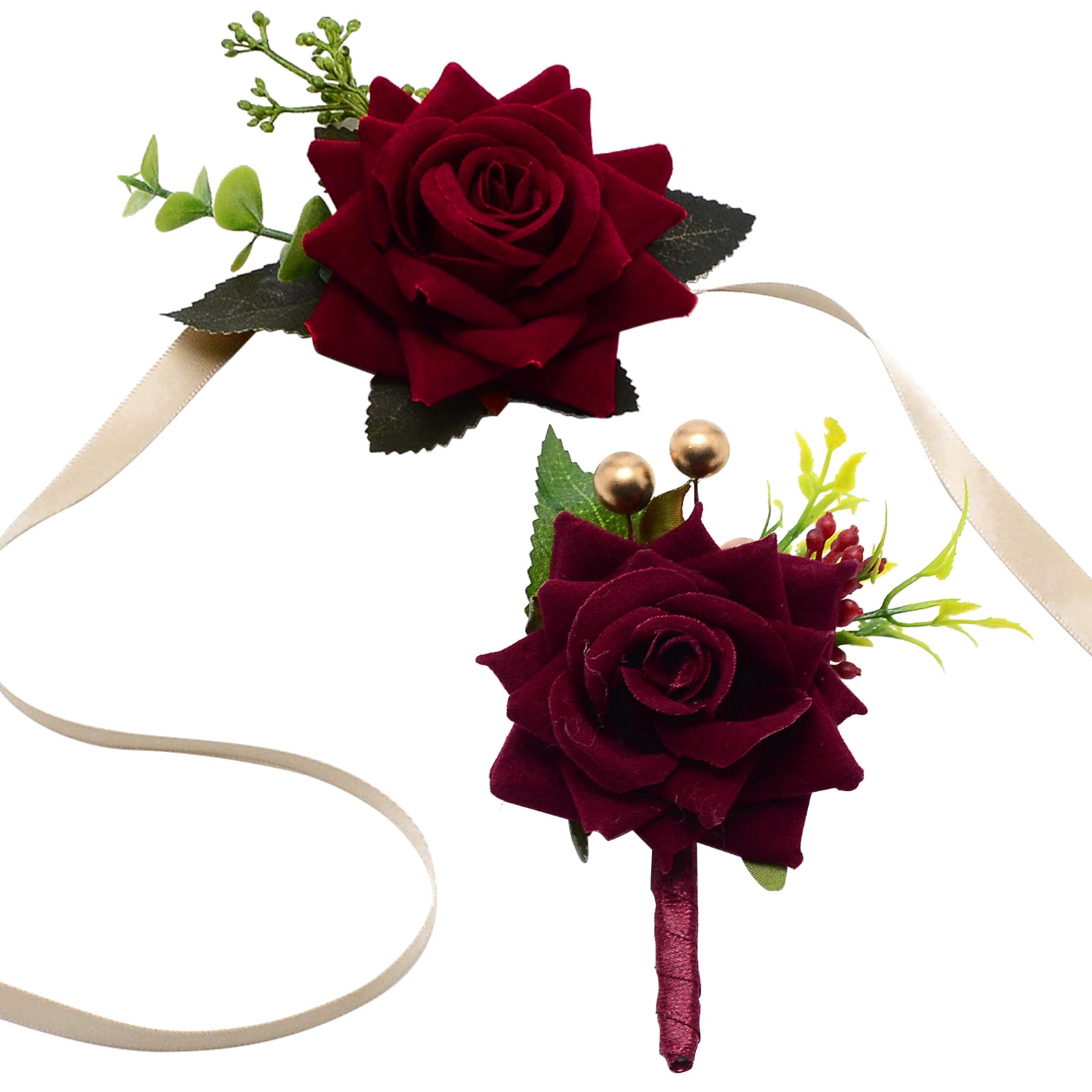 CRASPIRE 2 Pieces Red Wrist Corsage Rise Boutonniere Buttonholes Artificial Rose Wedding Flowers Accessories