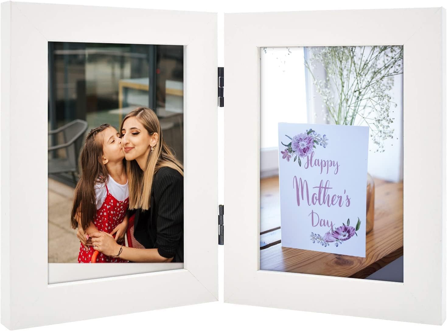Frametory, 4x6 Double Picture Frame Hinged Photo Frames Two Folding Frame Desktop Glass Frame Vertical (White, 4x6 Double)