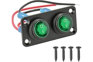 2 Gang Round Dot Lighted Waterproof Rocker Switch Toggle Metal Panel with 20A 12V DC ON/Off SPST Switch Control for Home Auto