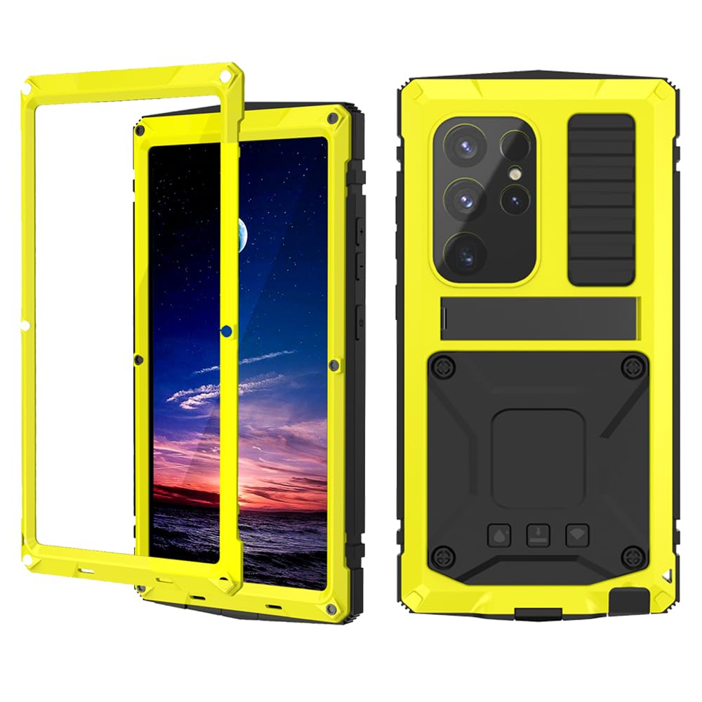 FunnyWin Metal Case for Samsung S24 Ultra Aluminum Military Grade Rugged Case with Metal Stand Screen Protector Drop Tested Shockproof Full Cover case for Samsung S24 Ultra (Yellow)