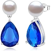 YAMI Pearl Earrings for Women, 925 Sterling Silver Studs 10 * 14mm Pear Shaped Colored Zircon Birthstone Drop Dangle Earrings, 8-8.5MM Freshwater Cultured Pearl Jewelry Gifts