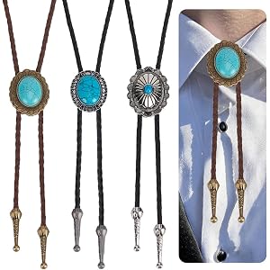 PLIGREAT 3 Pcs Western Cowboy Bolo Tie for Men Women, Vintage Leather Necktie with Turquoise Retro Oval Bola Necktie Classic