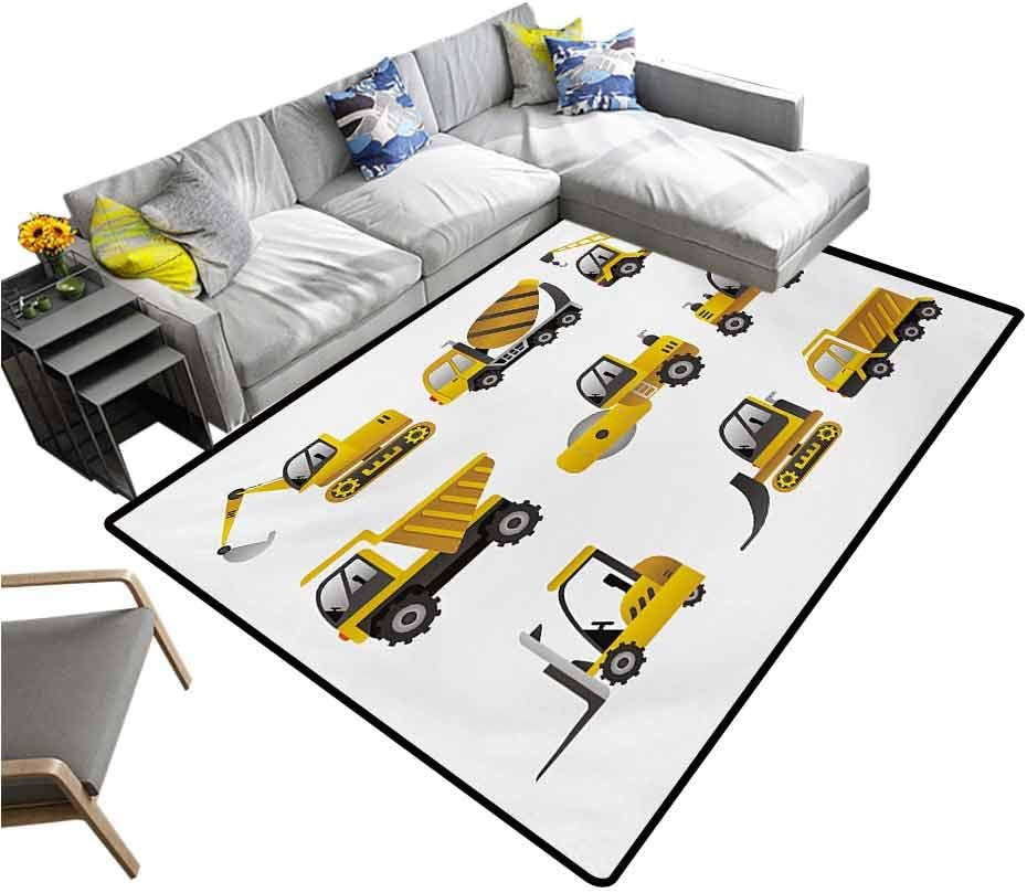 Construction Modern Indoor Rugs Big Vehicles Icon Collection Engineering Building Theme Clip Art Style Non-Slip Doormat Carpet Yellow Grey White (6'6"x10')