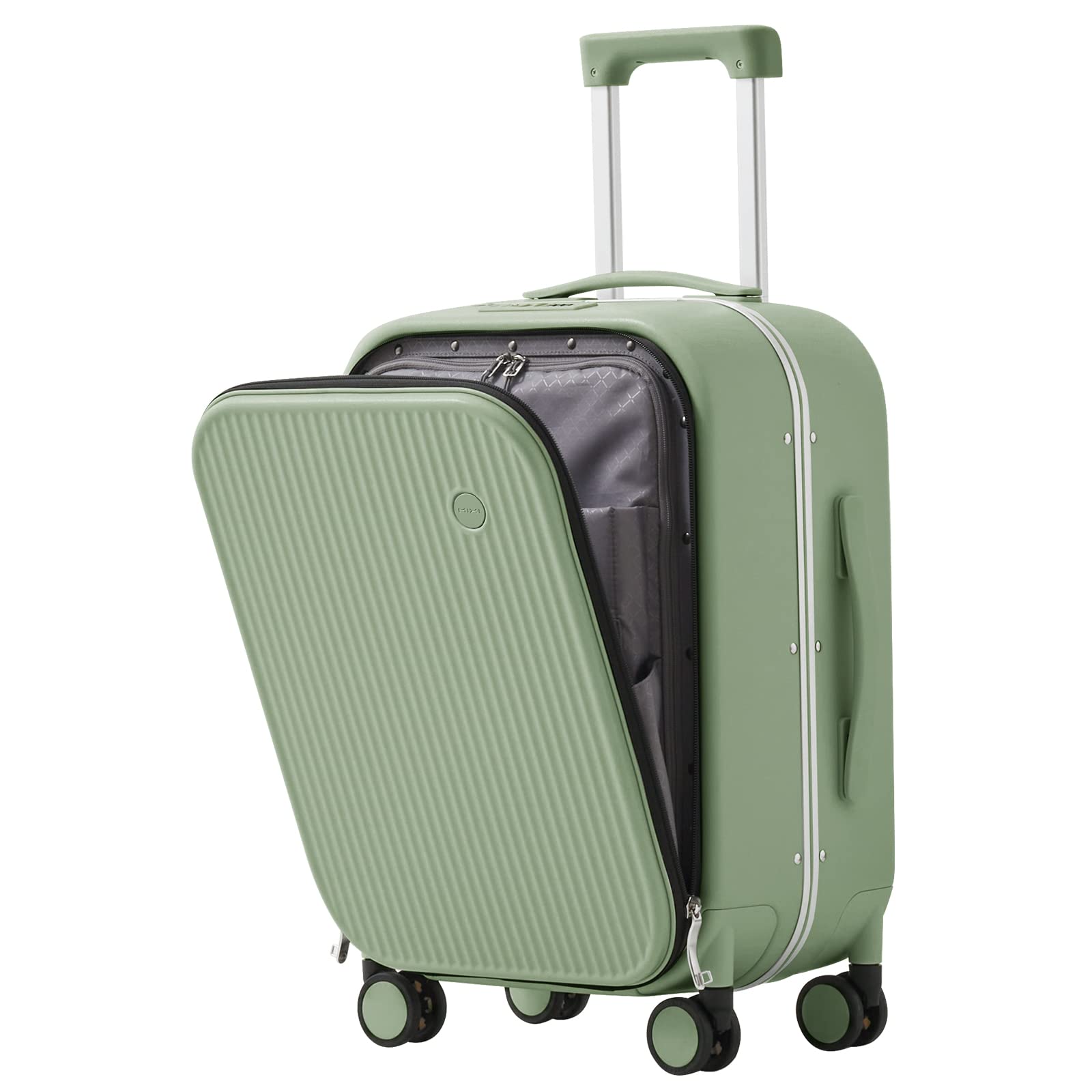 mixi Carry On Luggage, 20'' Suitcases with Spinner Wheels, Rolling Travel Suitcase with Front Laptop Pocket Luggage Aluminum Frame PC Hardside with TSA Lock and Cover, Avocado Green