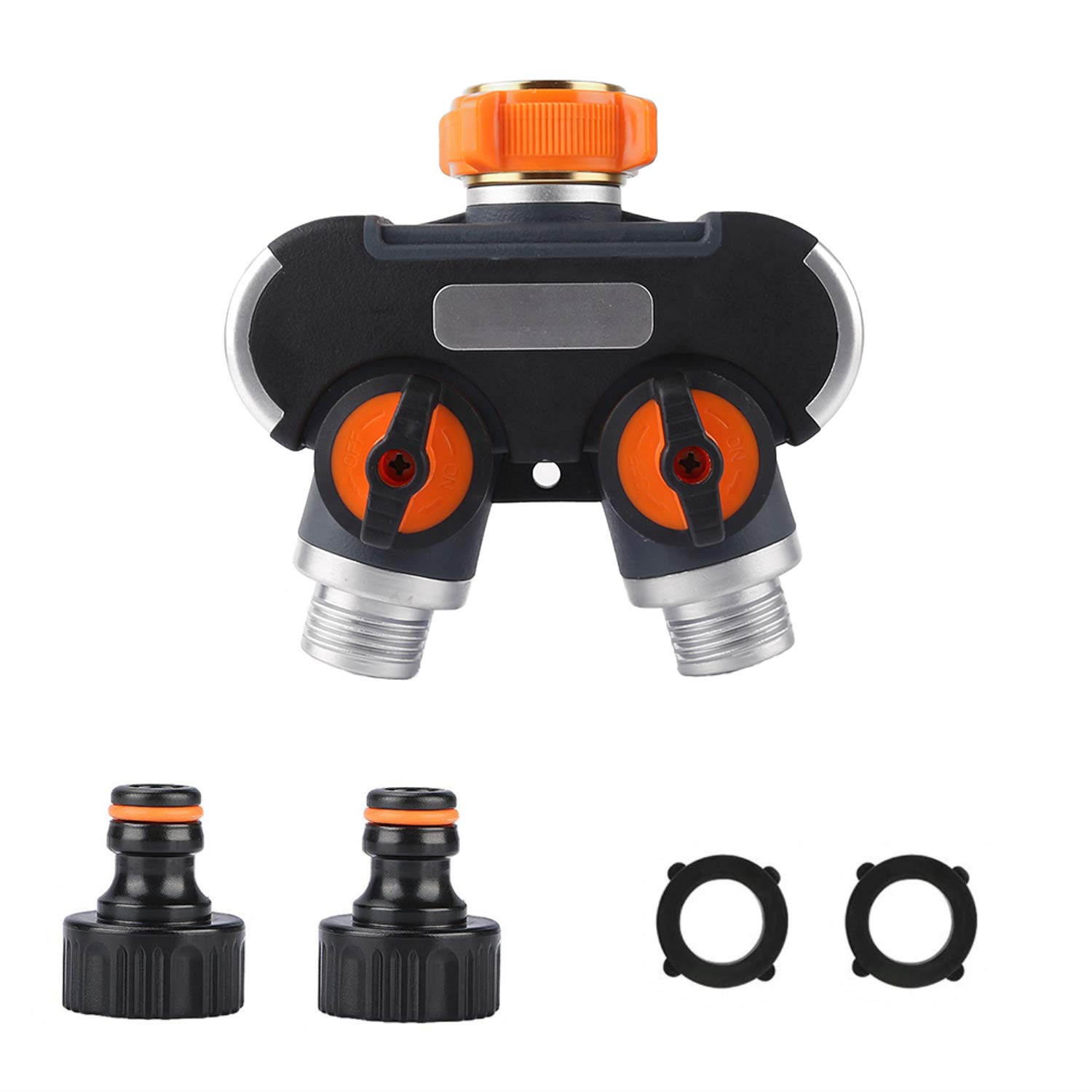 YAAVAAW Garden Hose Splitter 2 Way, 3/4 Inch Zinc Alloy Garden Tap Splitter Outdoor Utility Y Valve, Comfortable Rubberized Dual Tap Connector with 2 Connectors and 2 Rubber Washers