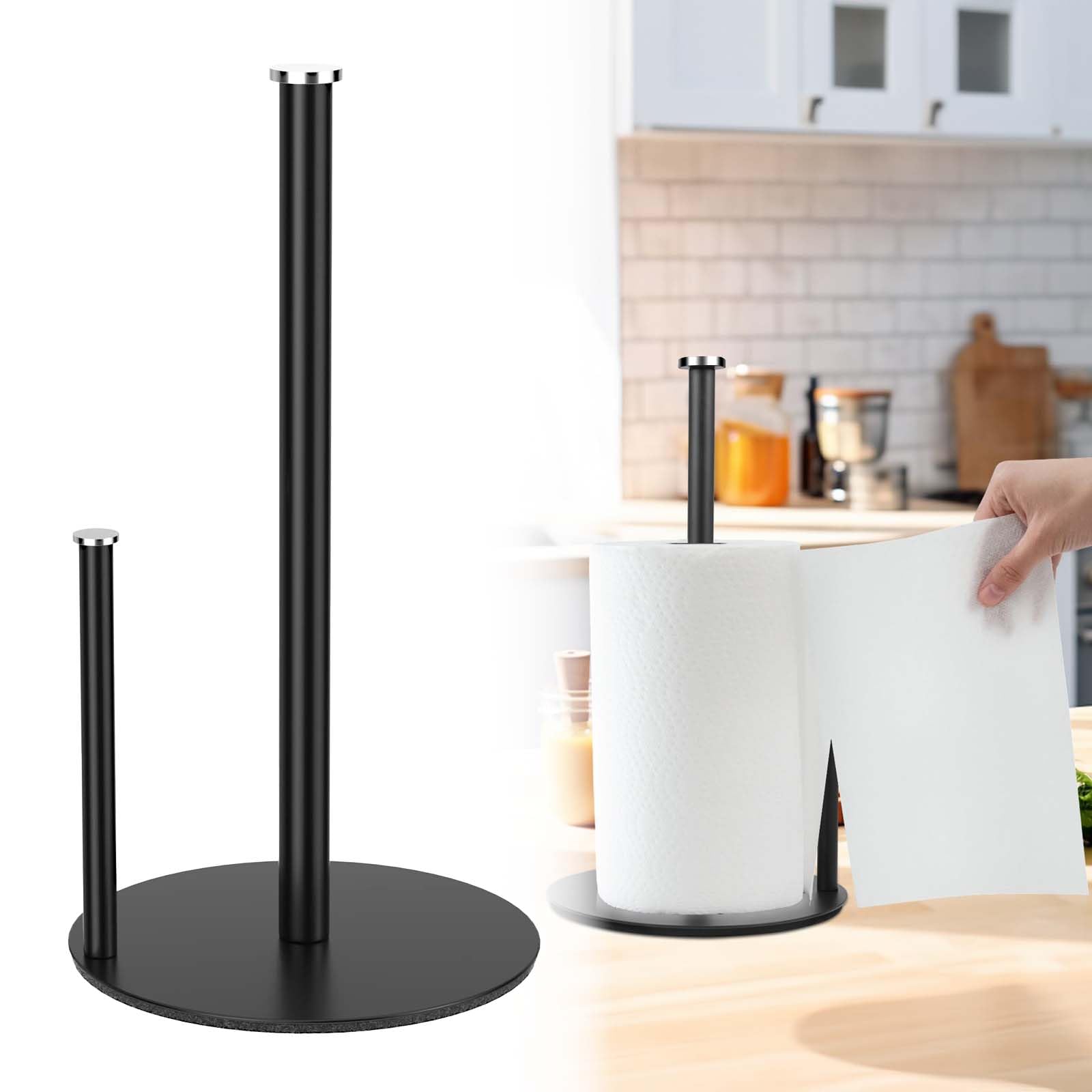 Free Standing Countertop Paper Towel Holder - Kitchen Roll Dispenser Stand with Non-Slip Black Base for Most Size Paper Rolls